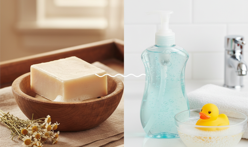 Différences entre savon traditionnel et gel nettoyant pour bébé